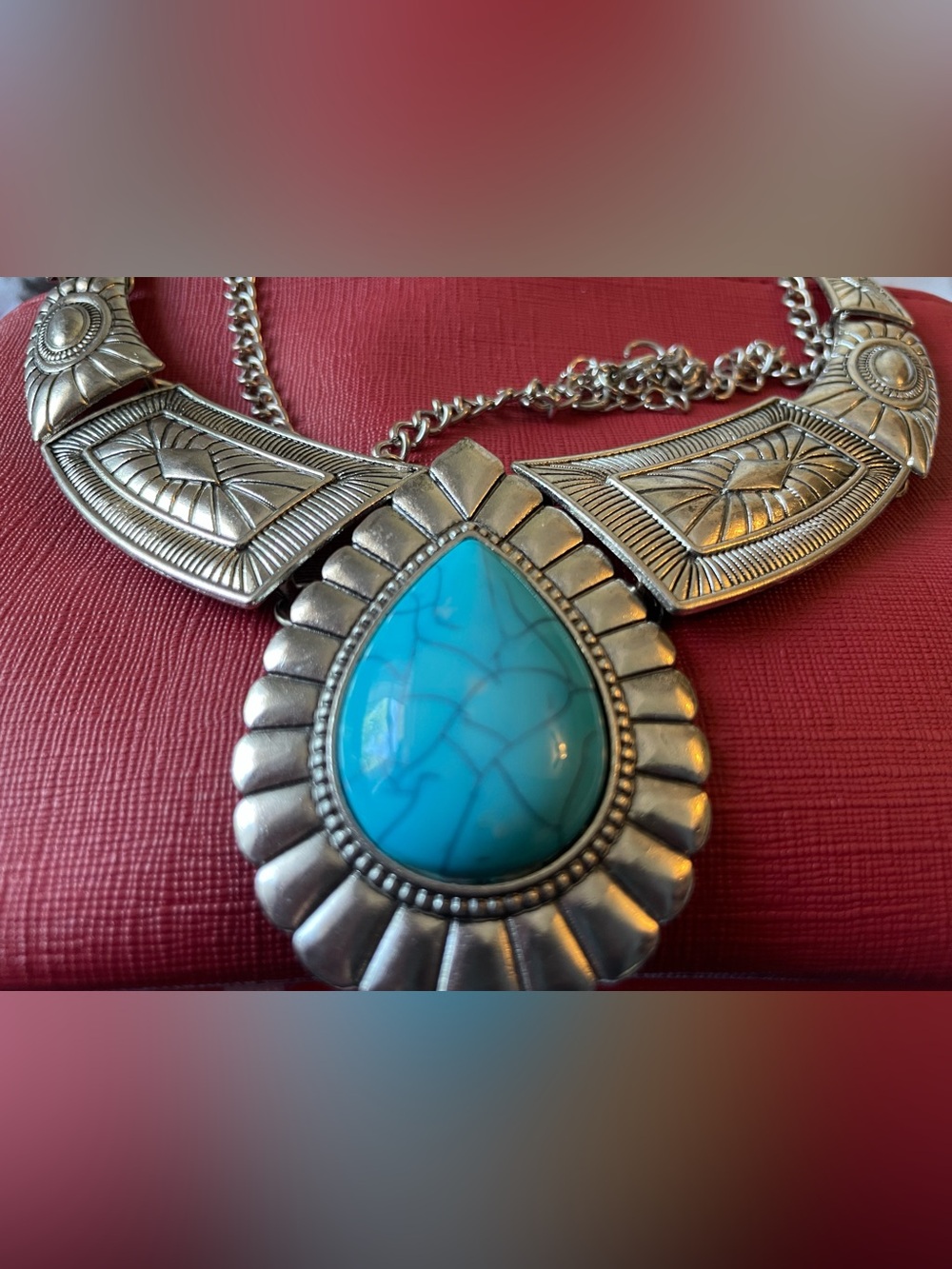 Faux Turquoise Teardrop Pendant Necklace - Silver-Tone Statement Women’s Jewelry